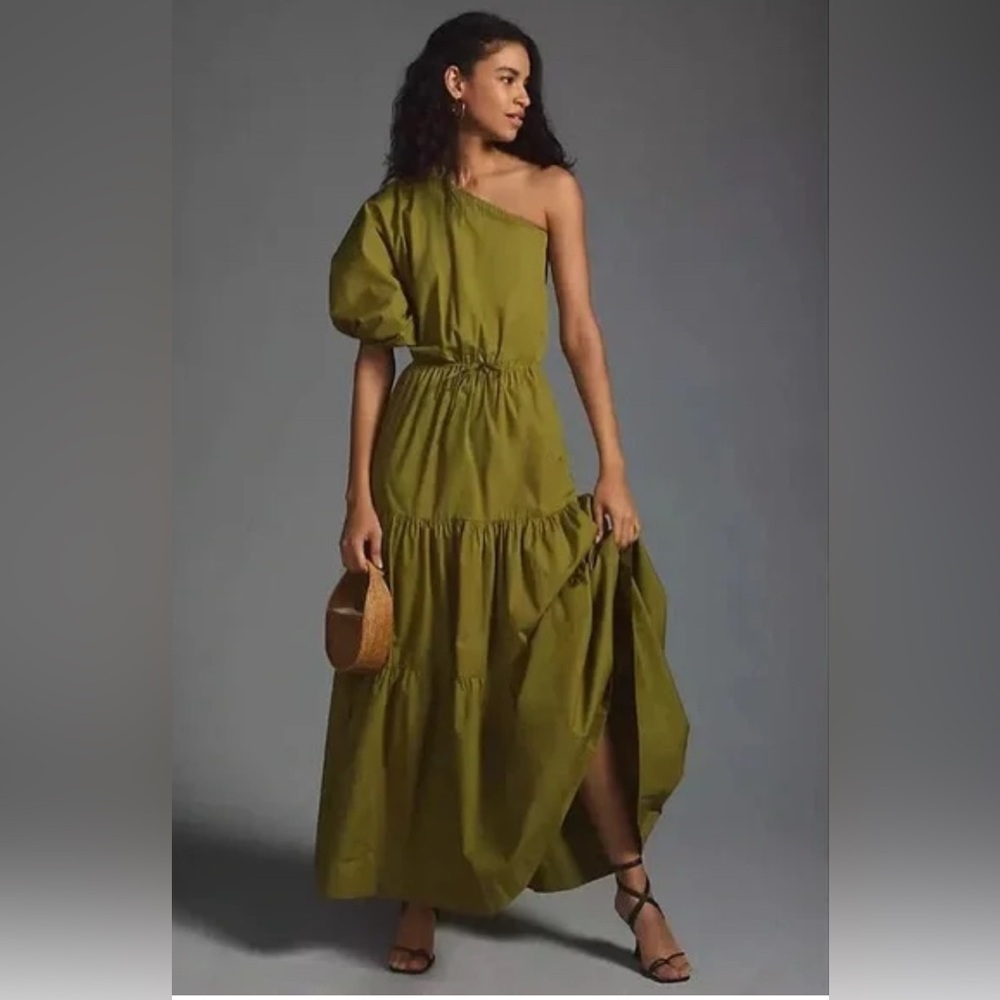S/W/F Anthropologie Olive Green One-Shoulder Dress